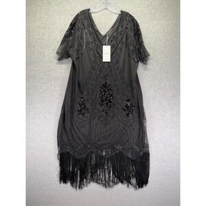 BABEYOND Dress Womens 5XL Black Beaded Fringe Flapper Gatsby V Neck Sequin